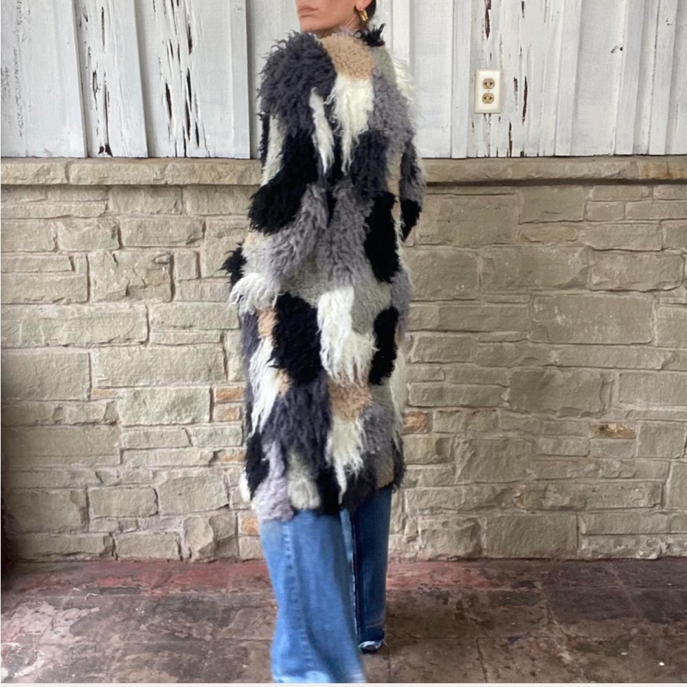 Multicolor patchwork shaggy faux fur coat shearling duster jacket - Picture 5 of 6